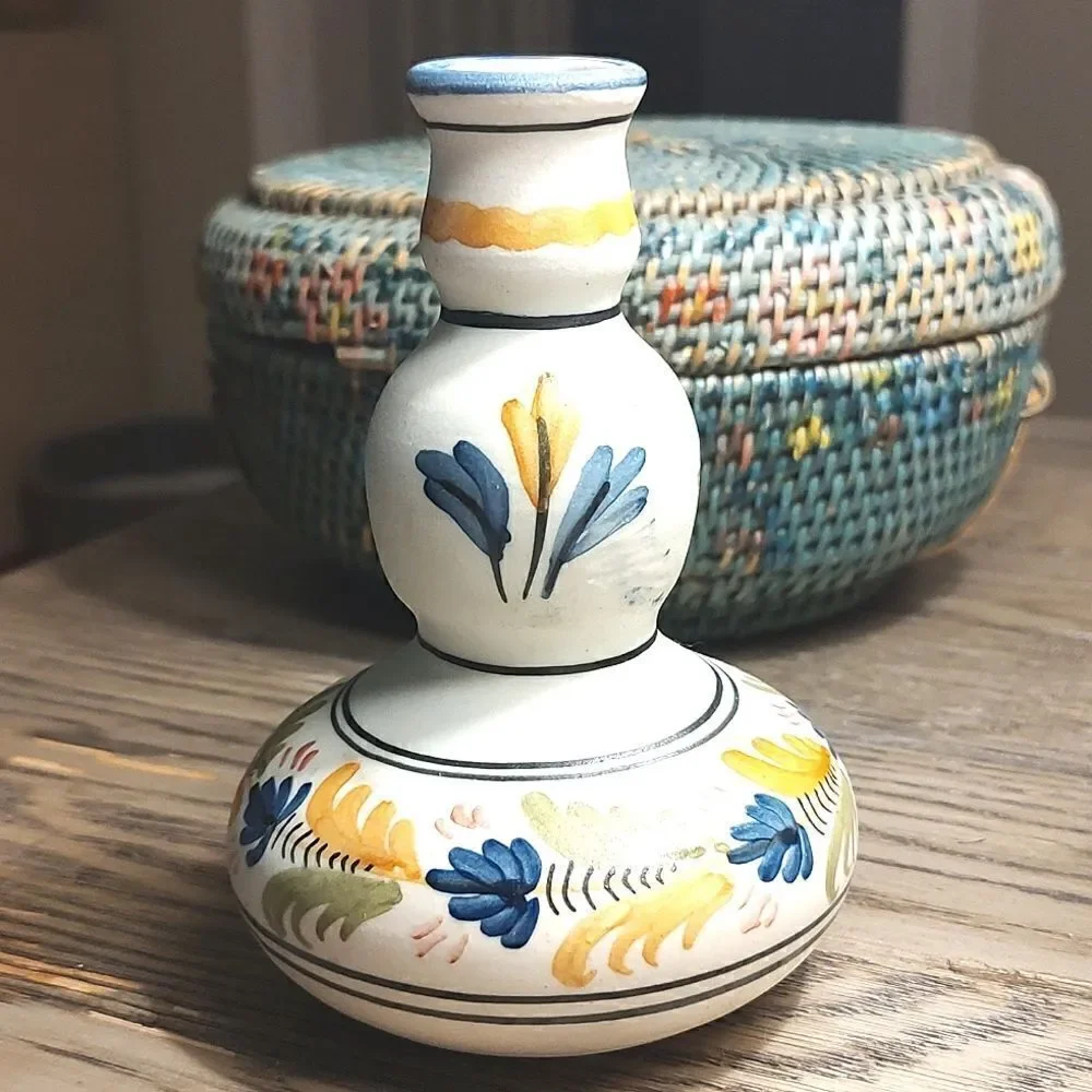 Talavera Pottery Hand Painted Floral Candlestick with Handle Vintage